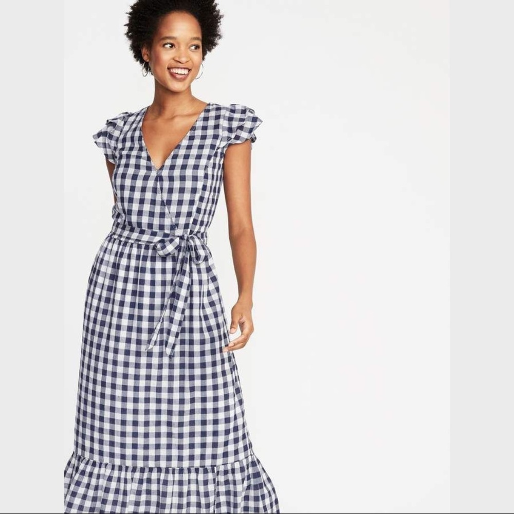 Old Navy Ruffle-Sleeve Gingham Waist-defined Tie Waist Midi Dress Size L - Picture 2 of 11